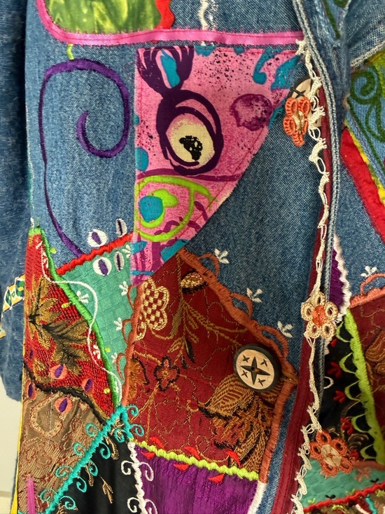 AMBER STUDIOS One Of A Kind Denim Jean Maxi Coat Duster Art To Wear Boho Large - Picture 11 of 16